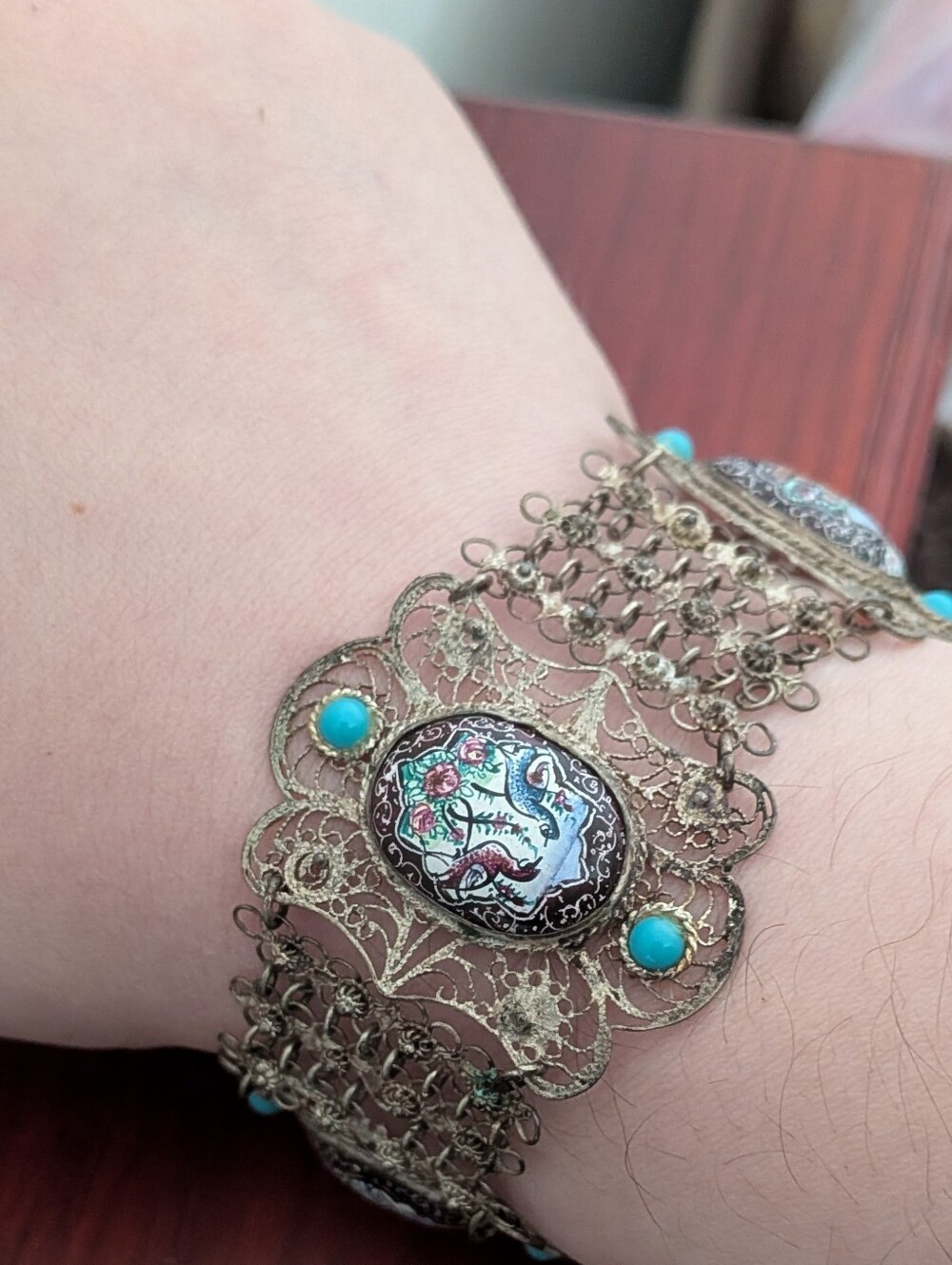 Vintage Persian/Iranian Filigree Bracelet Hand Painted Enamel Bird Deer Panels - Picture 2 of 9